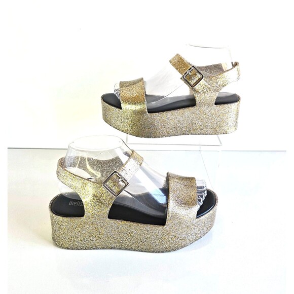 MELISSA Women's Mar Platform Sandals Gold Glitter 7 38 Slingback Jelly Sparkly - Picture 6 of 11